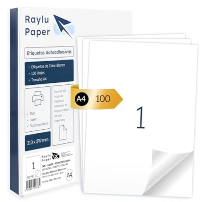 Afbeelding van Raylu Paper ® Witte zelfklevende etiketten om af te drukken, 100 stuks stickers op A4 vellen voor inkjetprinters, laser en fotokopieerapparaat, 1 etiket per vel (210 x 297 mm)