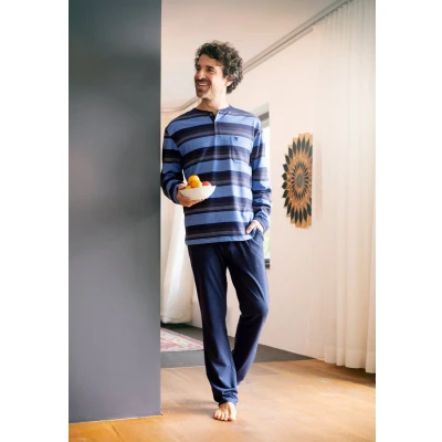 Afbeelding van Gestreepte blauwe herenpyjama van Hajo Blauw Maat 50