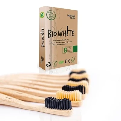 Afbeelding van BioWhite Bamboe tandenborstels, 8 borstels met zachte en organische borstels, BPA vrij, natuurlijk, milieuvriendelijk, biologisch afbreekbaar composteerbaar, voor het hele gezin.