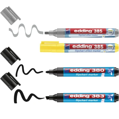 Afbeelding van edding 385 flipchart marker set highlight + shading 2 stuks met flexibele punt markers zwart, grijs, geel navulbaar in bewaardoosje