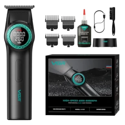 Afbeelding van VGR 977 Professionele Tondeuse voor Mannen, 8000 Omw/min T Blade Trimmer, Draadloze Kappersnijder met Nulafstand, Oplaadbare Randkappers LED Display, Zwart