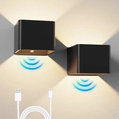 Afbeelding van LED Wandlamp Voor Binnen, 5W Zwart Oplaadbare met Bewegingsmelder, Schakelaar, USB Batterij Oplaadbaar Traplicht, Warmwit, Magnetisch Wandarmatuur Draadloos Trap, Hal, 2 Stuks