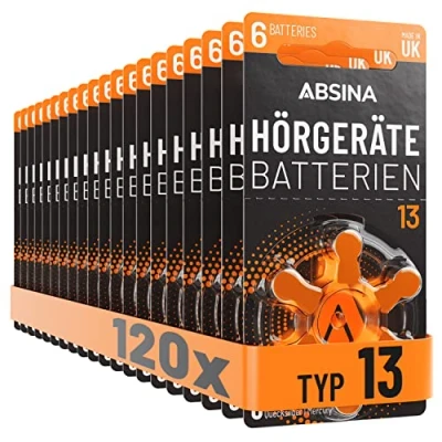 Afbeelding van ABSINA Gehoorapparaatbatterijen, 13, 120 stuks met goed grijpbare beschermfolie, gehoorapparaten, batterijen, 13 zinklucht 1,45 V, type oranje, PR48, ZL2, P13