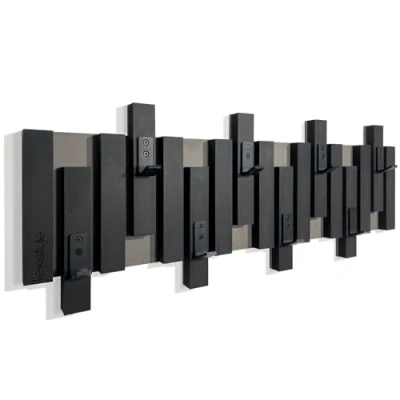 Afbeelding van Kledinghaken, wandkapstok, houten eiken design, lamellen, zwart, modern, natuur, 2 dimensies (80 cm zwart)
