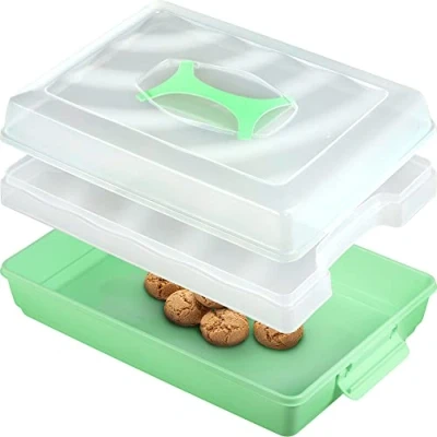 Afbeelding van KADAX Taartendoos met deksel, 43 x 30 12,5 cm, taarthouder van kunststof, transportbox handvat, bakvorm, voor blikken cake, muffins, rechthoekig, voedselbox (mint)