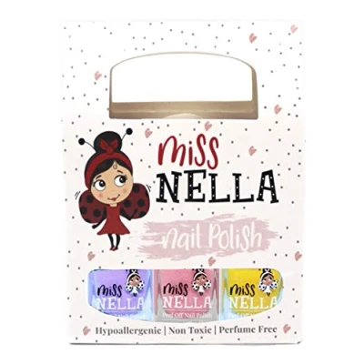 Afbeelding van Miss In kindernagellak op waterbasis, glitter, verpakking met 3 kleuren Cheeky Bunny, Butterfly Wings, Honey Twinkles zeer helder, peel off formule.