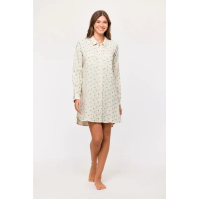 Afbeelding van Woody slaapkleed dames doorknoop beige palmbomen all overprint 251 10 WDE W/923 maat XL