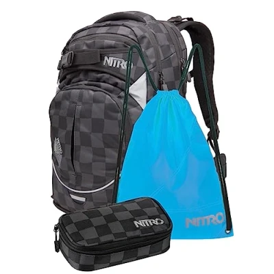 Afbeelding van Nitro Superhero, schoolrugzakset, rugzak, afneembare heupgordel, robuuste bodemplaat, thermotas, laptopvak, sporttas of en etui, checker, 30L, Set met pennenetui gymtas