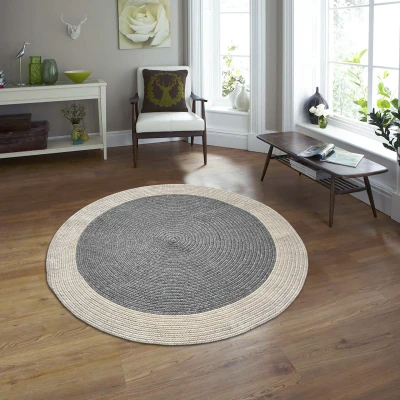 Afbeelding van Corda Binnen &amp; Buiten Vloerkleed Effen Gevlochten Tuin Balkon Laagpolig Grijs Creme 160 cm Rond Polypropyleen Tapijtenloods