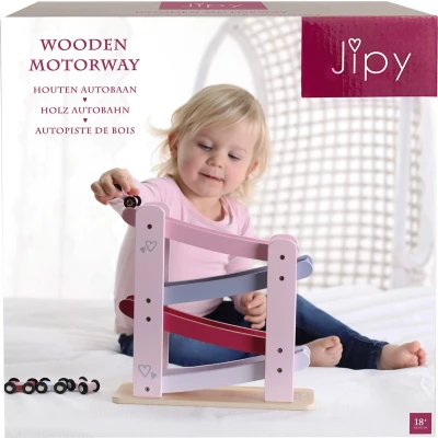 Afbeelding van Jipy Houten Autobaan + 4 Auto&#039;s Roze
