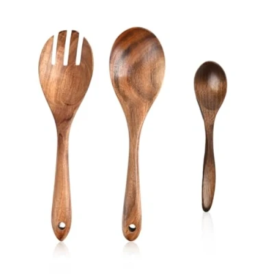 Afbeelding van DHSBGWSX 3 stuks lepel en vorkservies, anti aanbakpan, houten vork, saladelepel, keukenlepel vorkset, saladeservies, slavork, serveerlepel van hout