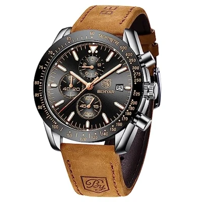Afbeelding van Herenhorloges BY BENYAR Chronograaf Waterdicht Analoge weergave Quartz Beweging Leer band Polshorloges voor heren Modegeschenk mannen