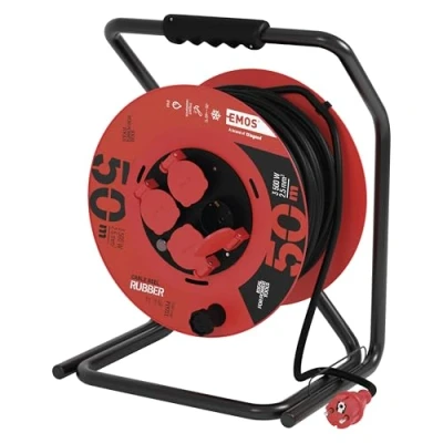 Afbeelding van EMOS Kabelhaspel 50m 4 geaarde stopcontacten waterdicht, slagvast, temperatuurbestendig 230 V, 15 A, 3500 W rubberen isolatie H05RR F 2,5 mm2 IP44 voor buiten
