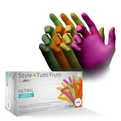 Afbeelding van AMPri Nitril handschoenen, kleurrijk, kleurenmix, 96 stuks/doos, maat XS, poedervrij, stijl tutti frutti by Med Comfort: wegwerphandschoenen in de maten S, M, L, XL