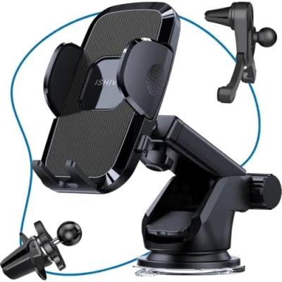 Afbeelding van UFUZON Ishiva 3 in 1 Autotelefoonhouder met Sterke Zuignap, Universele Mobiele Houder 360 Draaibaar voor Dashboard, Ventilatierooster, Voorruit, Compatibel iPhone en Samsung.