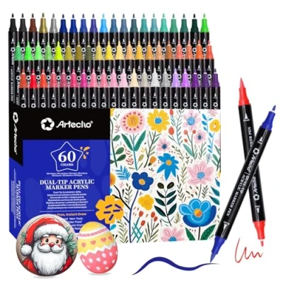 Afbeelding van Artecho acrylstiften 60 kleuren, 0,5 5mm Waterdichte dubbele punt marker (penseel en fijne punt), met uiteinden voor rotsschilderen, glas, papier, hout, ei, canvas, keramiek, stof, DIY crafts
