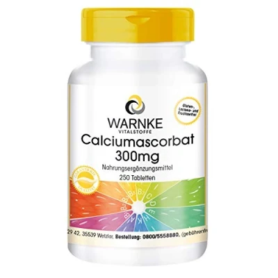 Afbeelding van Calcium ascorbaat 300mg gebufferde vitamine C maagvriendelijk veganistisch 250 tabletten bulkverpakking Warnke Vitalstoffe Duitse apothekerskwalitei