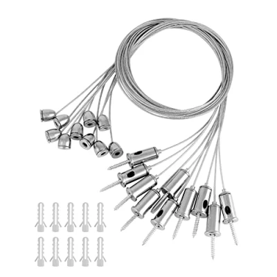 Afbeelding van QWORK® 10 delige installatieset voor kabelophanging, 1,5 mm x 1 m, roestvrij stalen draadkabel plafondstijl, bevestiging plafondbevestiging, LED paneelplafondlamp