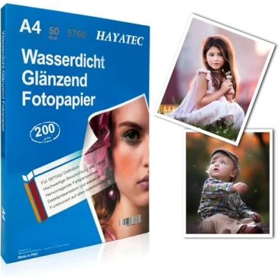 Afbeelding van HAYATEC fotopapier, A4, hoogglanzend, inkjetprinter, 200 g/m², fotokaarten, direct droog, waterdicht, hoogwit, 50 vellen