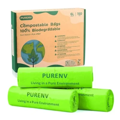 Afbeelding van PURENV 6L Composteerbare Vuilniszak, 150 Tellingen 100% Biologisch afbreekbare Sterke Bin Liners 6L/10L/20L/30L Maïszetmeelzakken met EN13432 Certificatie