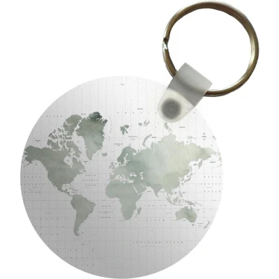 Afbeelding van Sleutelhanger Wereldkaart Grijs Waterverf Plastic Rond Uitdeelcadeautjes
