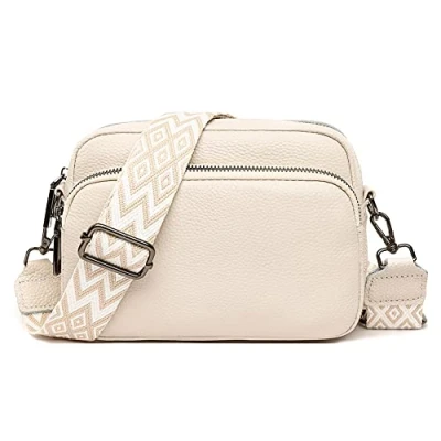 Afbeelding van YIGEBAG Schoudertas voor dames, echt leer, crossbody tas met brede schouderriem en 3 vakken, schouderriem, kleine moderne tassen, beige