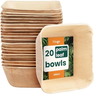 Afbeelding van HAAGO 20 Palmblad Kommen (450ml, vierkant) Biologisch afbreekbare Schaaltjes Milieuvriendelijk Picknick &amp; Buitenservies Magnetronbestendig