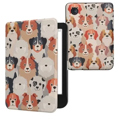 Afbeelding van kwmobile E reader hoesje geschikt voor Kobo Clara BW / Colour hoes flip case met magnetische sluiting Ereader cover Honden Ontwerp design in wit lichtbruin grijs