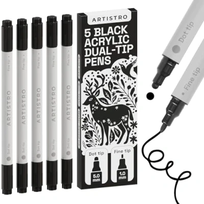 Afbeelding van ARTISTRO 5 zwarte acrylverfpennen, kunstset acrylverf markers dubbele punt (fijn 1 mm + mm), stoffen voor textiel, canvas, steen, glas, hout, papier, DYI, verfmarkers kinderen en