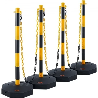 Afbeelding van VEVOR Signalisatiepaal, 4 stuks, afbakeningspalen op voet vulbaar, in hoogte verstelbaar, signaalkegel, lange ketting, 2,4 m, voor verkeerscontrole, bouwplaats, parkeerplaats, geel en zwart