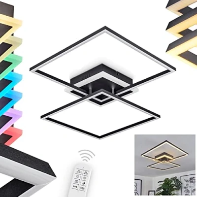 Afbeelding van LED plafondlamp Lithgow, dimbare metalen in zwart/wit, lamp met verstelbare kappen, 3850 lumen, 3000 K, 35,5 Watt (incl.), RGB kleurwisselaar en afstandsbediening