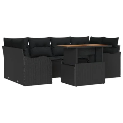 Afbeelding van vidaXL 7 Delige Tuin Sofa Set met Kussens Zwart Poly Rattan Acacia, 2 Zits