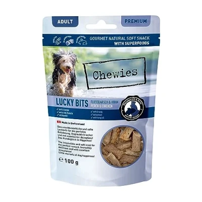 Afbeelding van Chewies Lucky Bits Rivierbaars &amp; kip Hondenlekkernij voor volwassenen, zonder granen, zacht met veel eiwitten en superfoods zoals biergist of ginkgo, suiker (100 g)