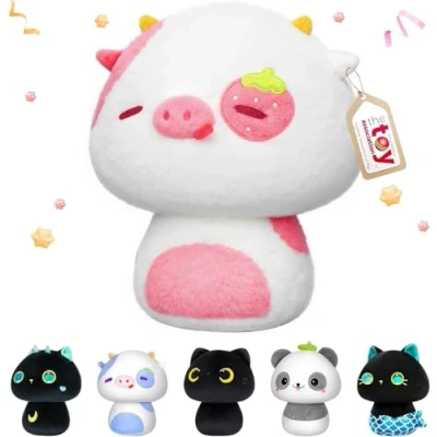 Afbeelding van Mewaii Kawaii Pluche knuffeldier, 36 cm, voor kinderen, aardbei koe, paddenstoelvormig zacht sierkussen, gevuld speelgoed, cadeau