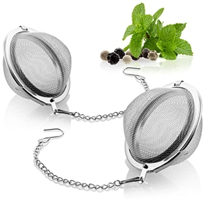 Afbeelding van COM FOUR® 2x theezeef van 304 roestvrij staal thee ei voor losse thee, kruiden en specerijen fijnmazige theefilter met ketting kruidenzeef (2 stuks 5,5 cm Ø)