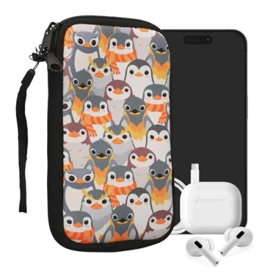 Afbeelding van kwmobile hoesje voor smartphones L 6,5&quot; hoes van Neopreen Pinguïn Ontwerp design grijs / geel bruin binnenmaat 16,5 x 8,9 cm