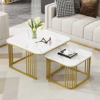 Afbeelding van Merax Vierkante salontafel, set van 2, moderne woonkamertafel met marmerfineer, hoogglans, bijzettafel opbergruimte, voor woonkamer, balkon en kantoor, metalen frame, wit goud