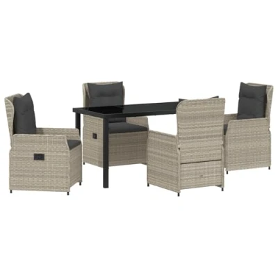 Afbeelding van vidaXL 5 Delige Tuin Eetset Lichtgrijs Poly Rattan, Tuintafel Zwart 140x80x73 cm Gelaagd Glas