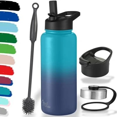 Afbeelding van Milu Roestvrij Staal Vacuüm Geïsoleerde Waterfles 500ml, 750ml, 1l (+3 Deksels) Dubbelwandige Metalen Fles, Voor Warme, Koude &amp; Koolzuurhoudende Dranken (Groen Blauw, 1l)