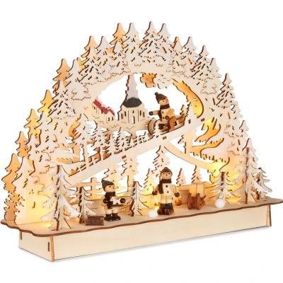 Afbeelding van BRUBAKER 3D lichtboog, led slee in het bos, kerstverlichting van natuurlijk hout, 22 x 32 9 cm, handbeschilderde figuren, kerstdecoratie voor tafel en raam
