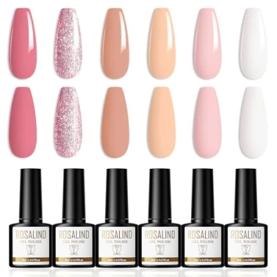 Afbeelding van ROSALIND Gel Nagellak 6 Kleuren Shellac Set Roze Nude Wit Glitter Soak Off UV/LED Gellak Nail Polish Art Manicure 8ml