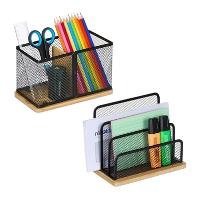 Afbeelding van Relaxdays bureau organizer set 2 delig pennenbak brievenbak bamboe en metaal zwart