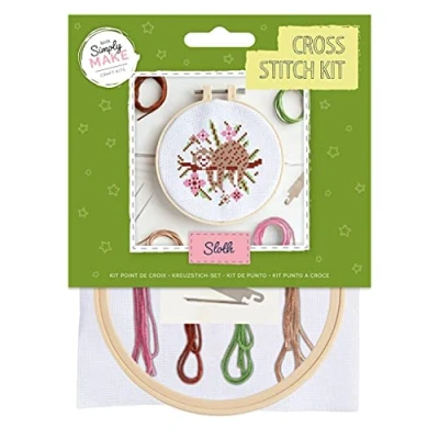 Afbeelding van Simply Make Kruissteekkit luiaard ontwerp voor kinderen en volwassenen, inclusief hoepel, borduurgaren, stof naald perfect volwassen ambachten beginners Starter kruissteek knutselset