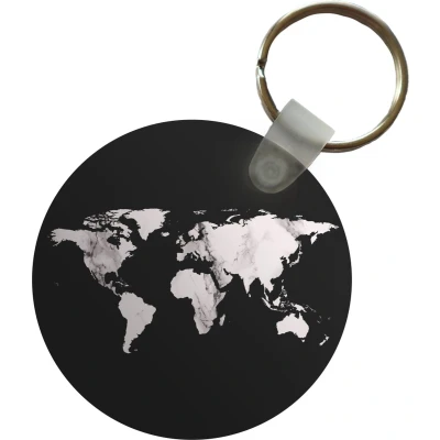 Afbeelding van Sleutelhanger Wereldkaart Zwart Wit Marmer Plastic Rond Uitdeelcadeautjes