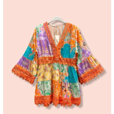 Afbeelding van Boho vintage tuniek met kant, brede mouwen, Franse mode, kleur ORANJE Maat 40