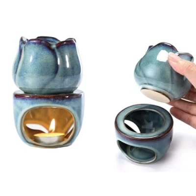 Afbeelding van RUITASA Geur etherische oliebrander theelicht, 2 stuks theelichtkaars wax warmer, lotuskaarsenwarmer kaars theelicht voor thuis slaapkamer decor kerst housewarming cadeau (blauw)