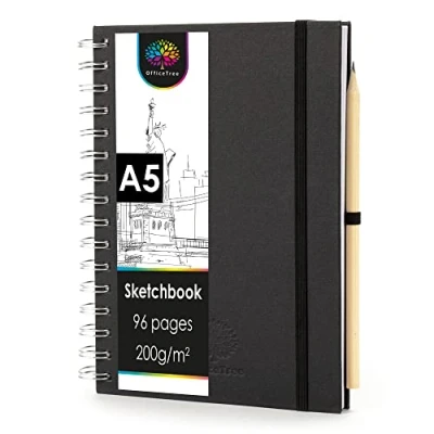 Afbeelding van OfficeTree Schetsboek A5 spiraalbinding, portretformaat, 96 pagina&#039;s, 48 vellen, schetsboek, A4, 200 g, blanco wit papier, aquarel incl. potlood