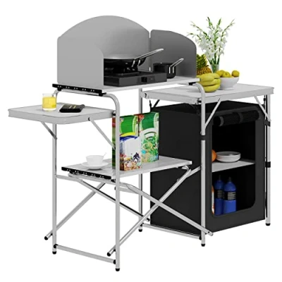 Afbeelding van WOLTU Opvouwbare campingkast, campingkeuken, inclusief draagtas met aluminium frame, reiskeuken, draagbaar/inklapbaar, outdoor campingmeubel van en MDF voor picknick, strand in de open lucht, wit + zwart, CPT8140wsz