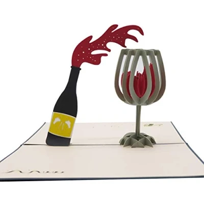 Afbeelding van Smiling Art Pop up 3D kaarten, wenskaarten, inclusief envelop en beschermhoes, handgemaakt, cadeaubon voor voucher, uitnodigingskaart, verjaardagskaart (wijn)