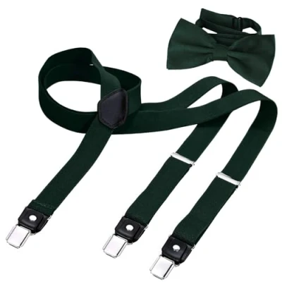 Afbeelding van DonDon Y vormige 2,5 cm smalle herenbretels elastisch en verstelbaar in tweedelige set met bijpassende kleur strik 12 x 6 Groen